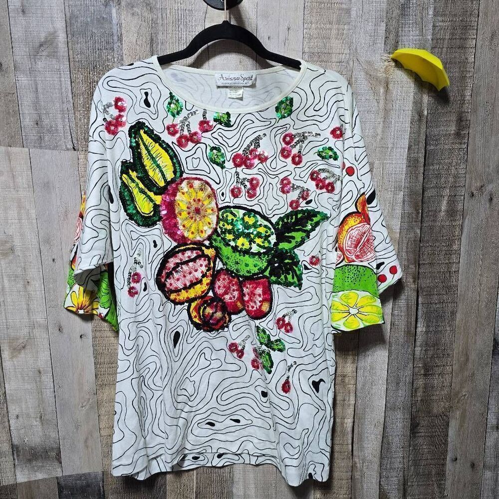 Arissa Sport Vintage 90s Fruit Sequin Maximalist All Over Print Tee